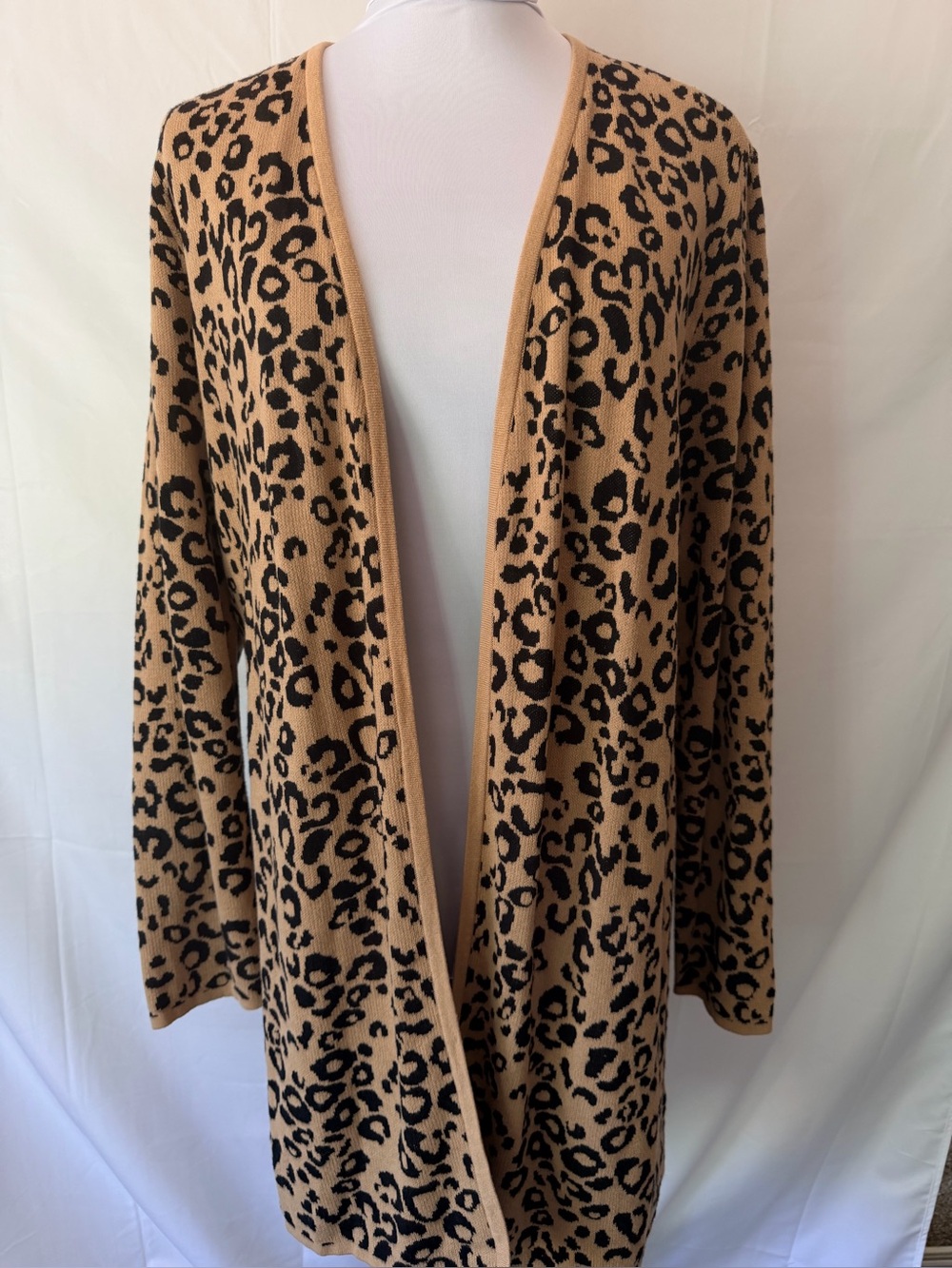 JM Collection Camel and Black Leopard Open-Front Cardigan